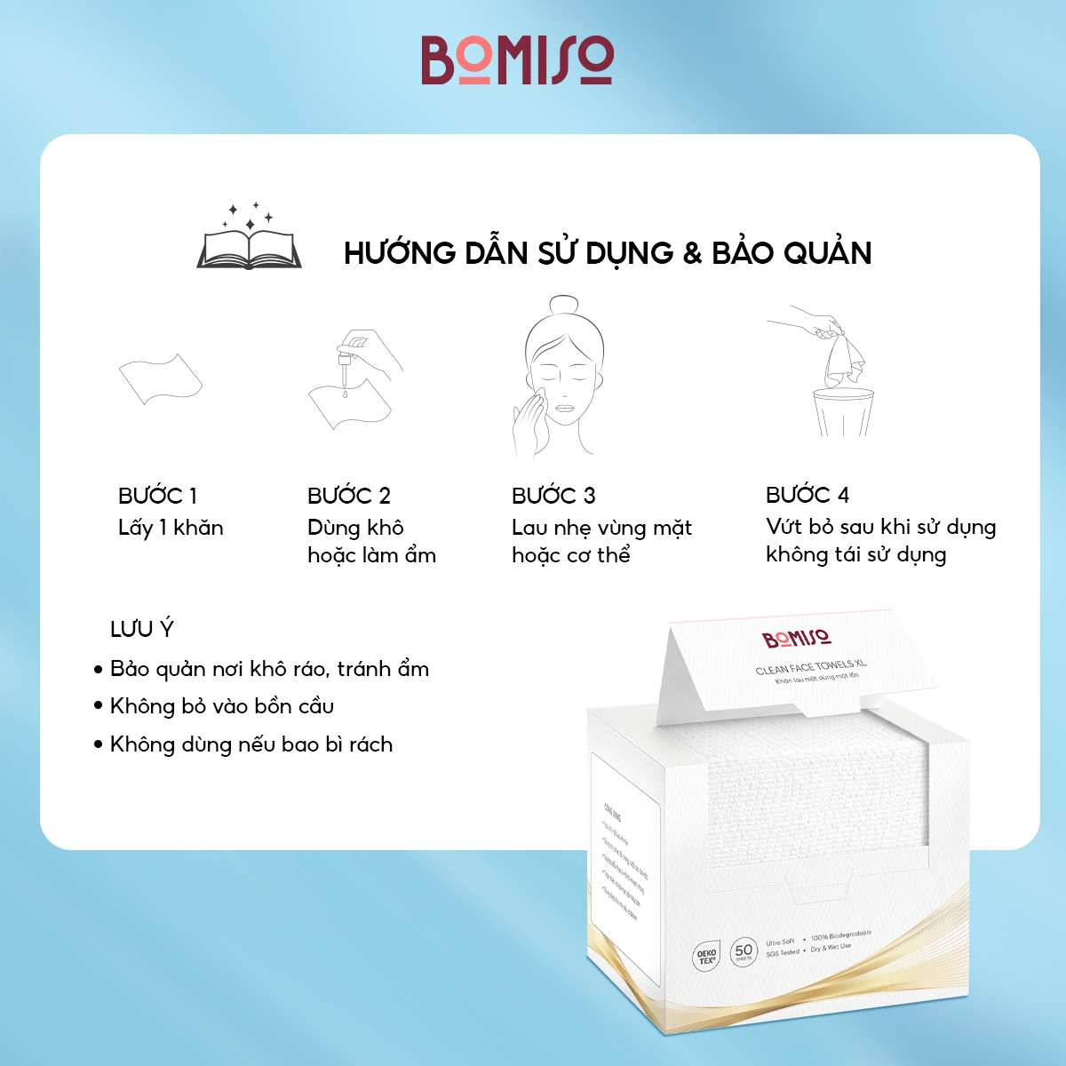 Khăn lau mặt dùng 1 lần hữu cơ size lớn 25x30cm, khăn mặt khô sợi tự nhiên BOMISO