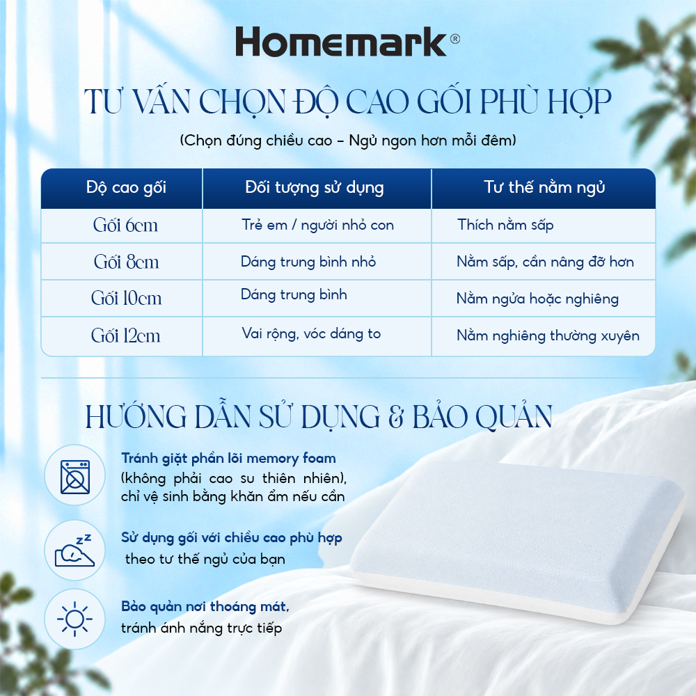 Gối Memory Foam Homemark Cao Cấp Giảm Đau Vai Gáy, Nâng Đỡ Cổ, Thoáng Khí, Siêu Êm Ái