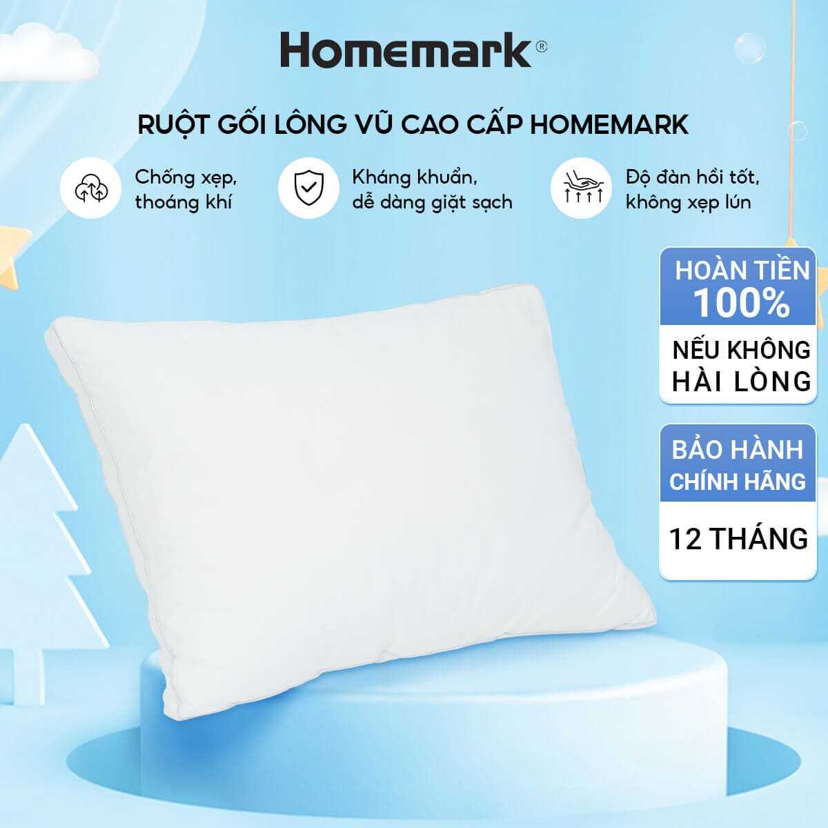 Ruột Gối Lông Vũ 50x70cm Homemark Premium - Êm Ái, Thoáng Khí, Chống Xẹp Lún, Chống Bám Bụi, Cao Cấp
