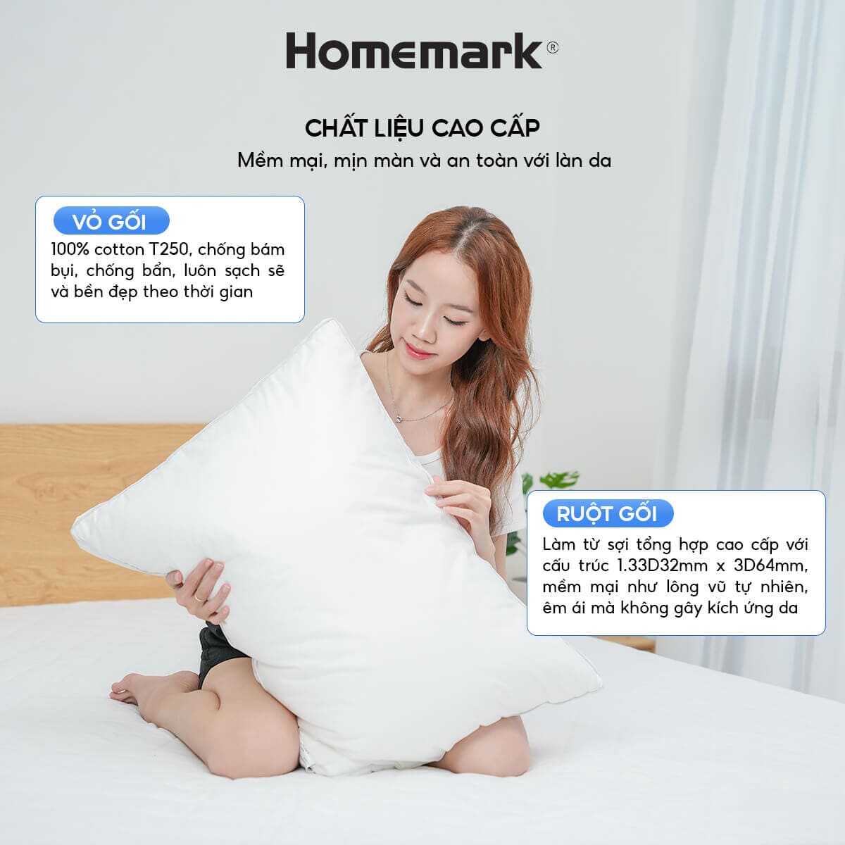 Ruột Gối Lông Vũ 50x70cm Homemark Premium - Êm Ái, Thoáng Khí, Chống Xẹp Lún, Chống Bám Bụi, Cao Cấp