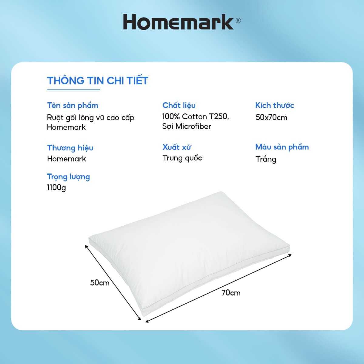 Ruột Gối Lông Vũ 50x70cm Homemark Premium - Êm Ái, Thoáng Khí, Chống Xẹp Lún, Chống Bám Bụi, Cao Cấp