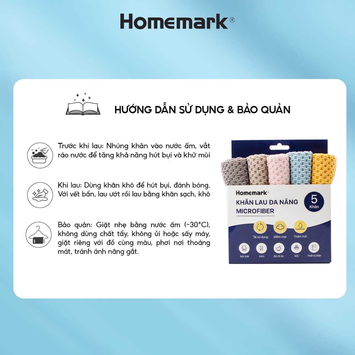 Khăn lau bếp đa năng siêu thấm hút, lau kính, xe ô tô, combo 5 cái Homemark