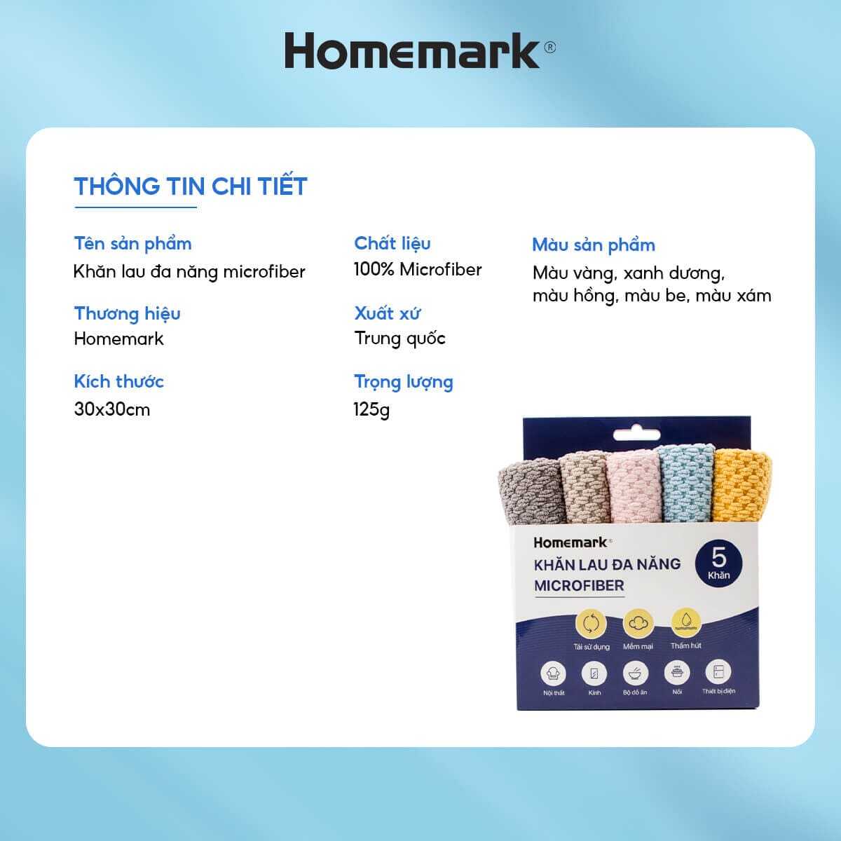 Khăn lau bếp đa năng siêu thấm hút, lau kính, xe ô tô, combo 5 cái Homemark