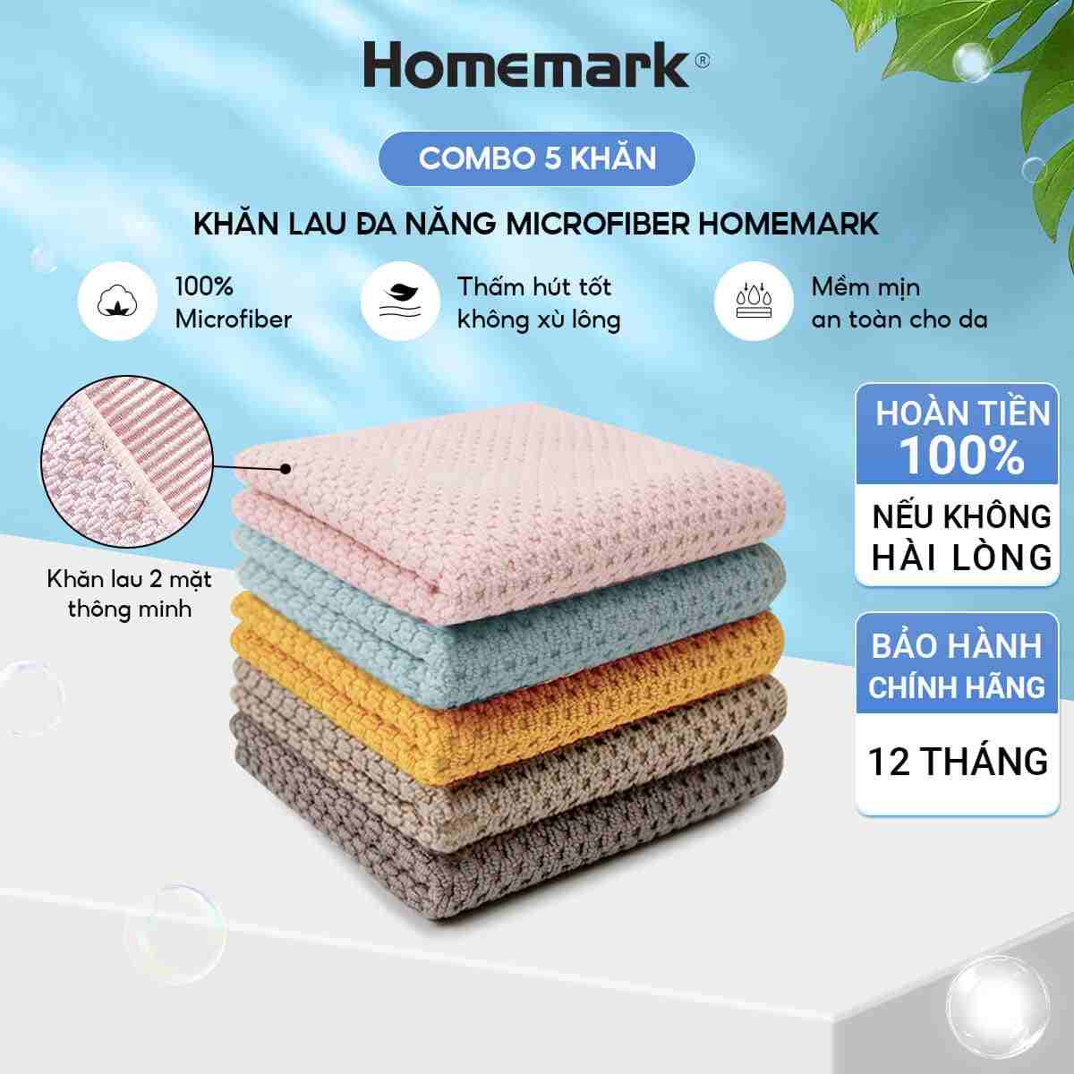 Khăn lau bếp đa năng siêu thấm hút, lau kính, xe ô tô, combo 5 cái Homemark