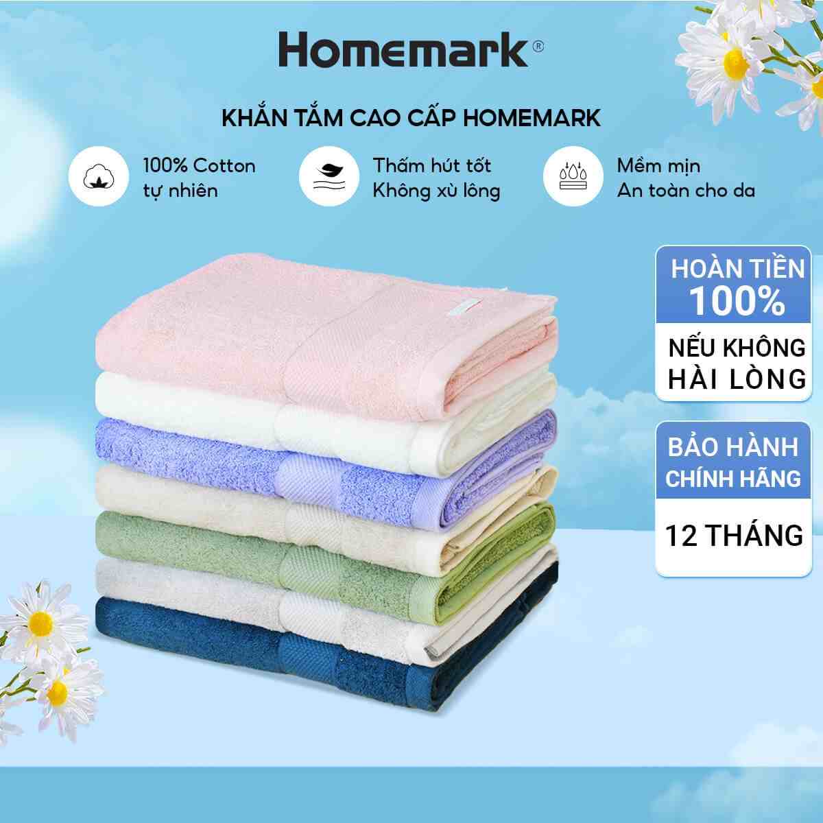 Khăn Tắm Cotton Cao Cấp Homemark - Dày Mềm, Thấm Hút - Size 70x140 / 50x100 / 40x65 / 34x34cm