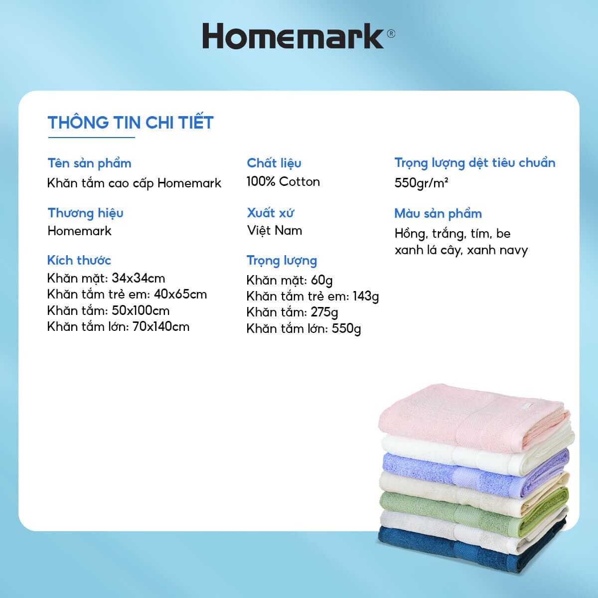 Khăn Tắm Cotton Cao Cấp Homemark Dày Mềm, Thấm Hút - Size 70x140 / 50x100 / 40x65 / 34x34cm
