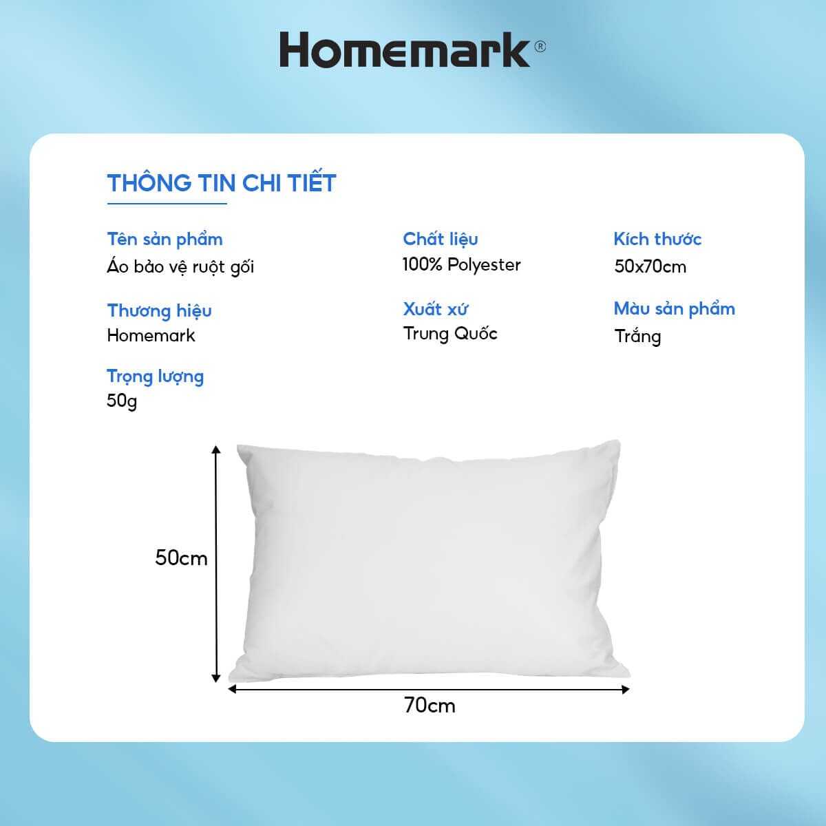 Vỏ Bảo Vệ Ruột Gối Homemark 50x70cm Chống Thấm, Chống Bụi, Thoáng Khí, Khóa Kéo Tiện Dụng