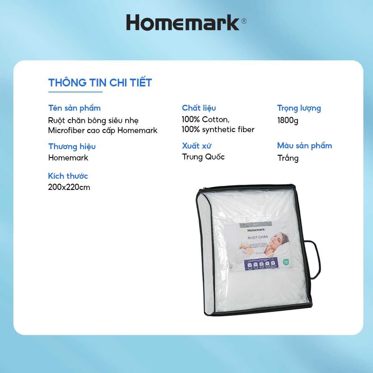 Ruột Chăn Bông Lông Vũ Nhân Tạo Homemark 100% Sợi Synthetic Fiber Siêu Nhẹ, Thoáng Khí, 200x220cm