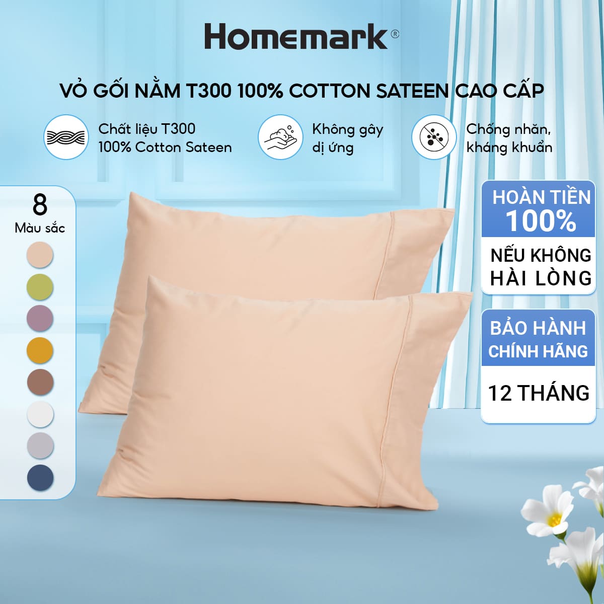 Vỏ Gối Cotton Sateen 100% Cao Cấp 50x70cm – Mềm Mại, Thoáng Khí, Chống Nhăn